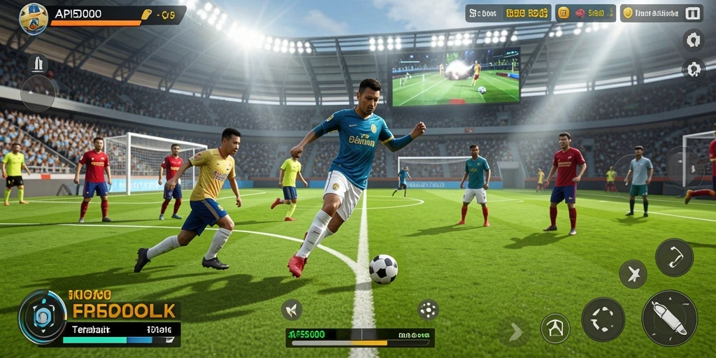 Screenshot gameplay API5000 yang menampilkan aksi seru di lapangan sepak bola.