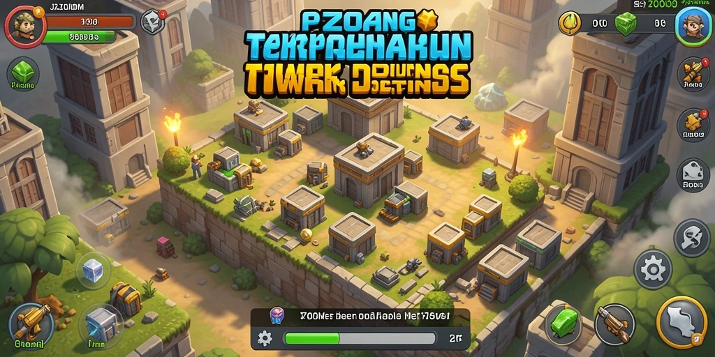 Tampilan gameplay J200M dengan menara pertahanan yang dinamis.